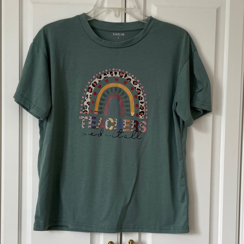 SHEIN Teacher T-Shirt w/ Cheetah, supplies, teacher do it all rainbow.